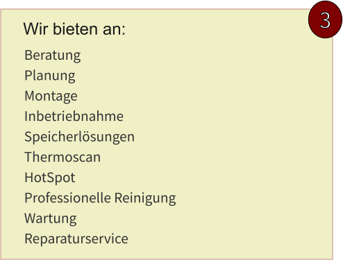 3 Beratung Planung Montage Inbetriebnahme Speicherlösungen Thermoscan HotSpot Professionelle Reinigung Wartung Reparaturservice Wir bieten an: