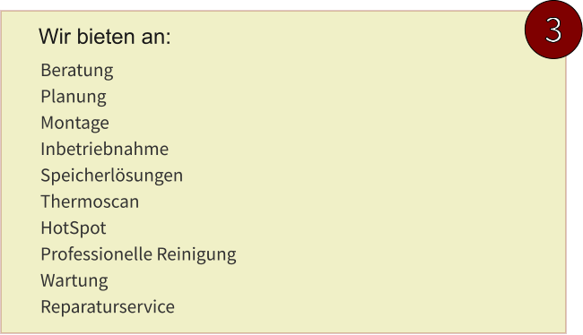 3 Beratung Planung Montage Inbetriebnahme Speicherlösungen Thermoscan HotSpot Professionelle Reinigung Wartung Reparaturservice Wir bieten an: